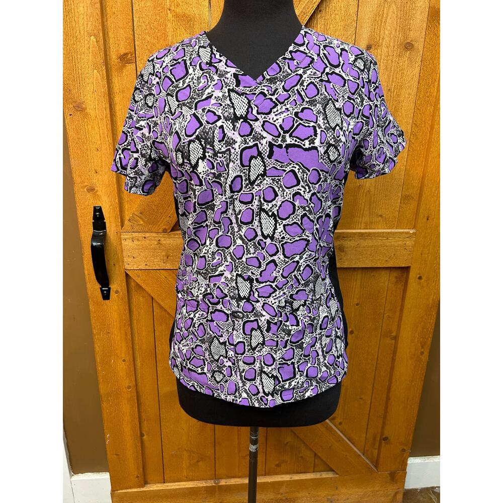 Women's Small Divine Stretch Scrub Top Purple Print GUC